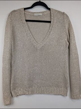 Brunello Cucinelli Scattered Sequin V Neck Sweater Size XL